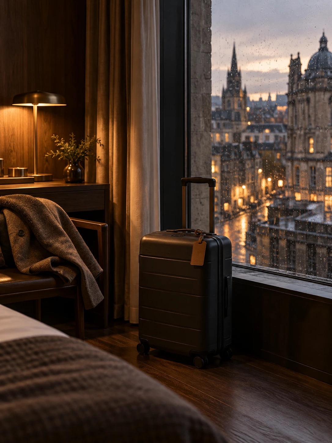 A suitcase beside a rain-lit hotel window