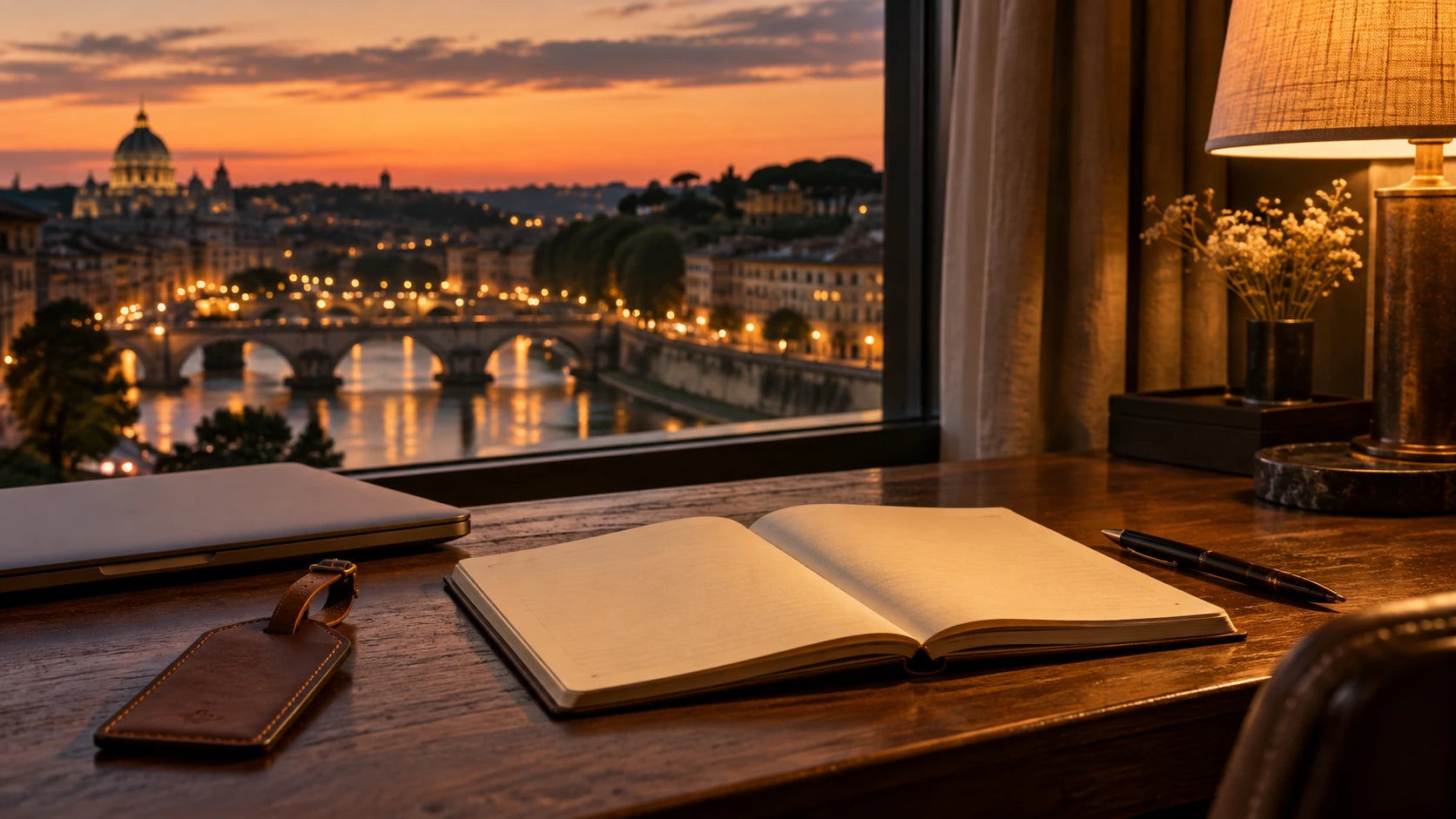 Travel notebook and luggage tag beside a softly lit window