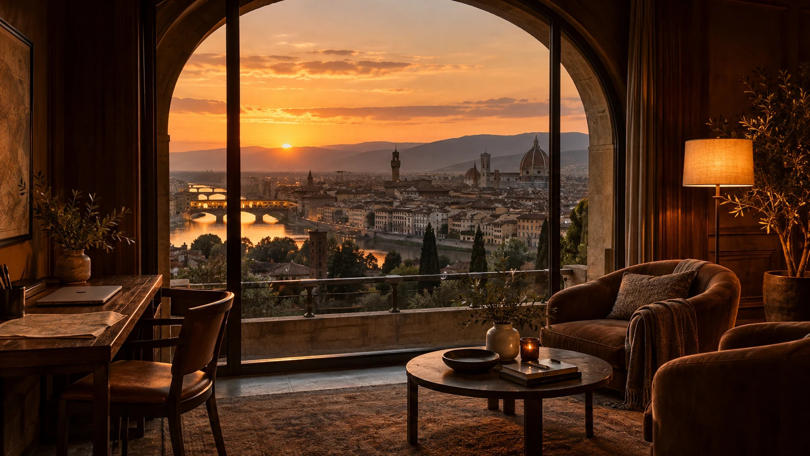 A warmly lit travel lounge overlooking the city