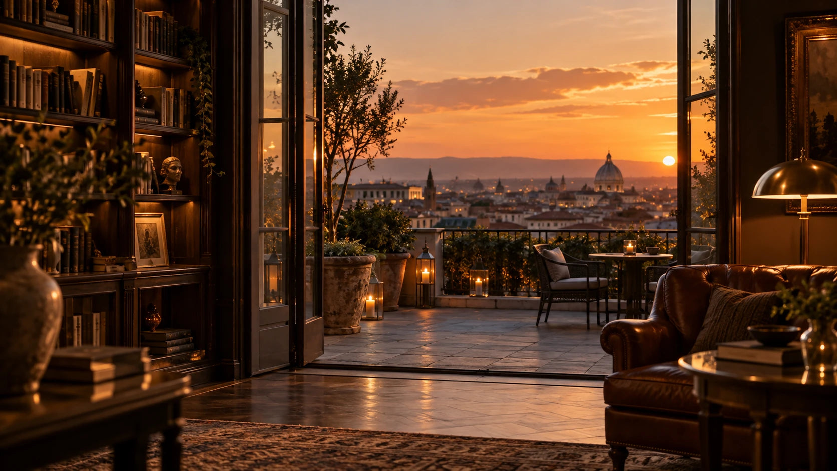 A warm library lounge opening onto a city terrace